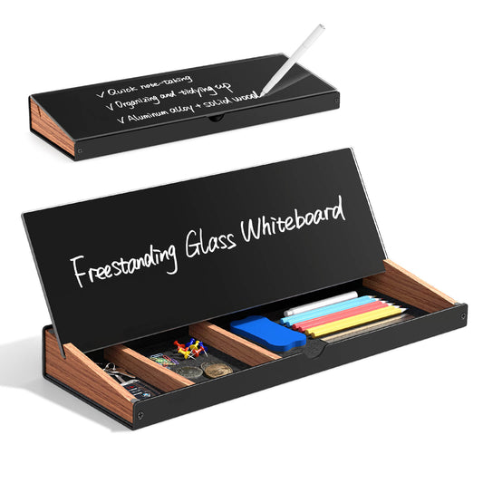 Sturdy Aluminum Frame with Wooden Storage Compartment Glass Desktop Whiteboard