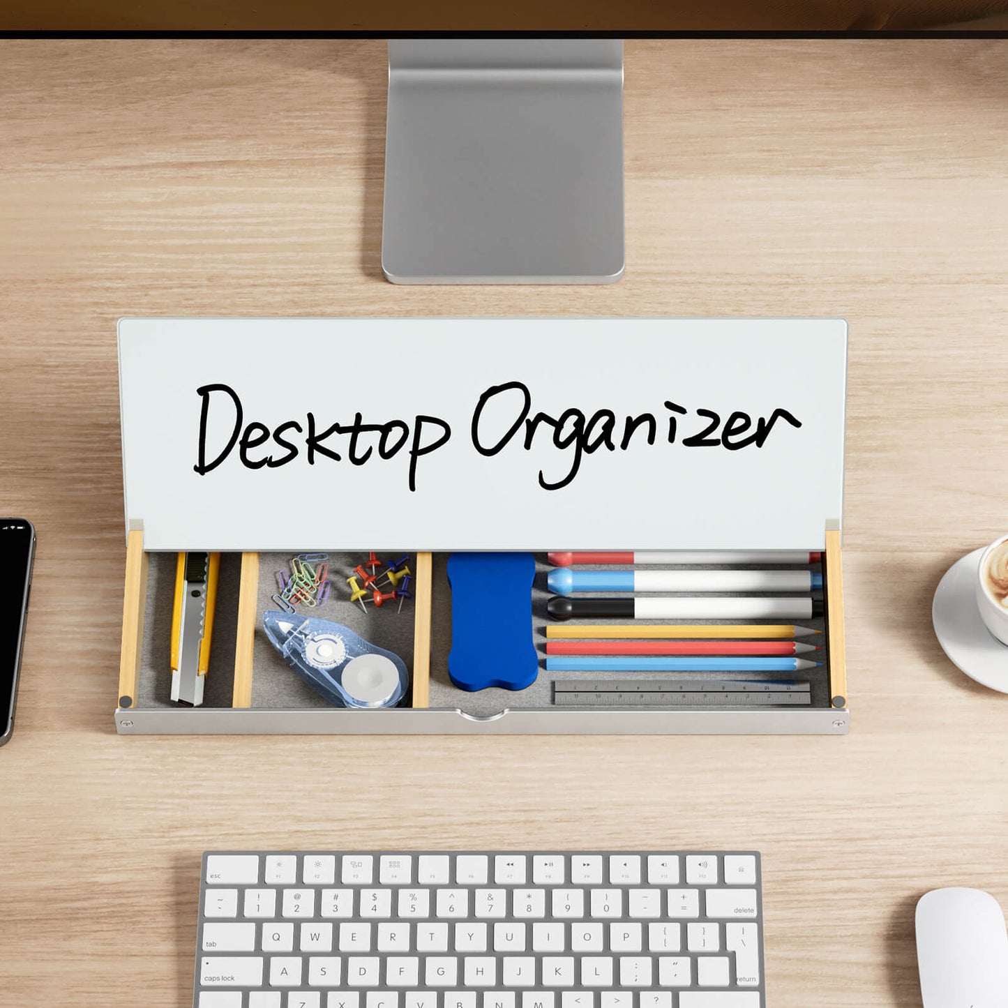 Desktop Whiteboard with Sturdy Aluminum Frame & Wooden Storage Compartment