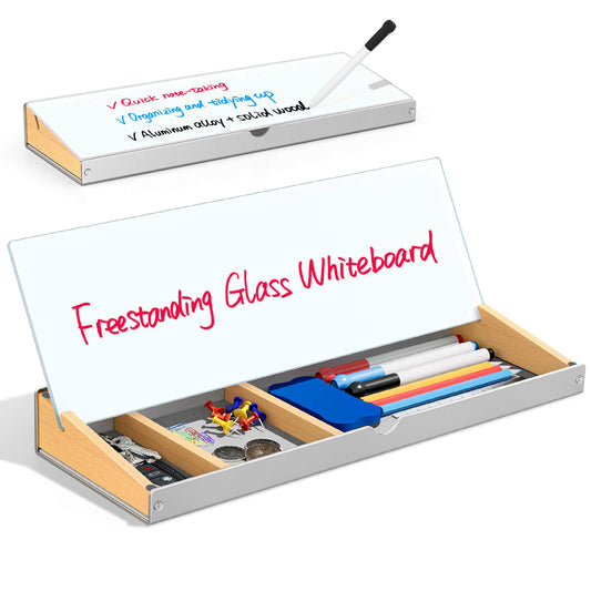 Desktop Whiteboard with Sturdy Aluminum Frame & Wooden Storage Compartment